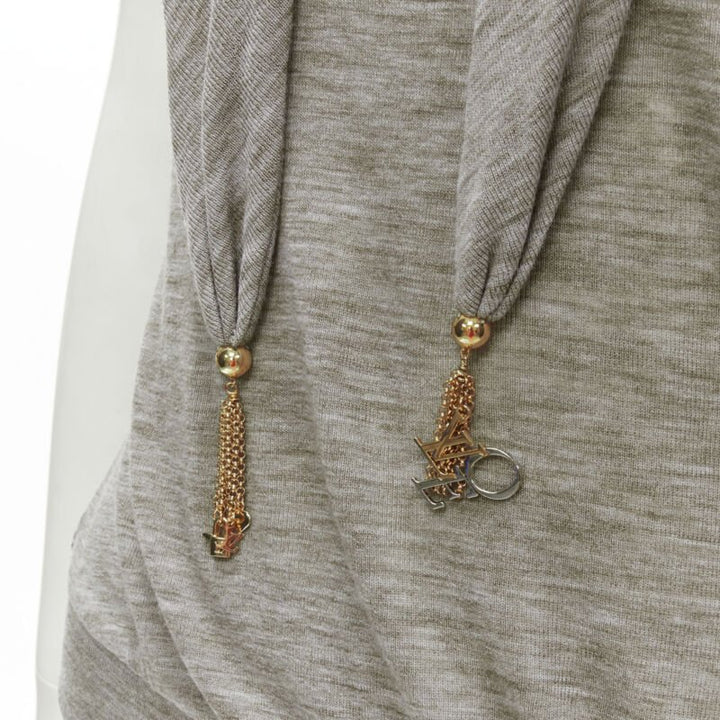 LOUIS VUITTON heather grey LVOE tassel charm scarf collar pullover top  S