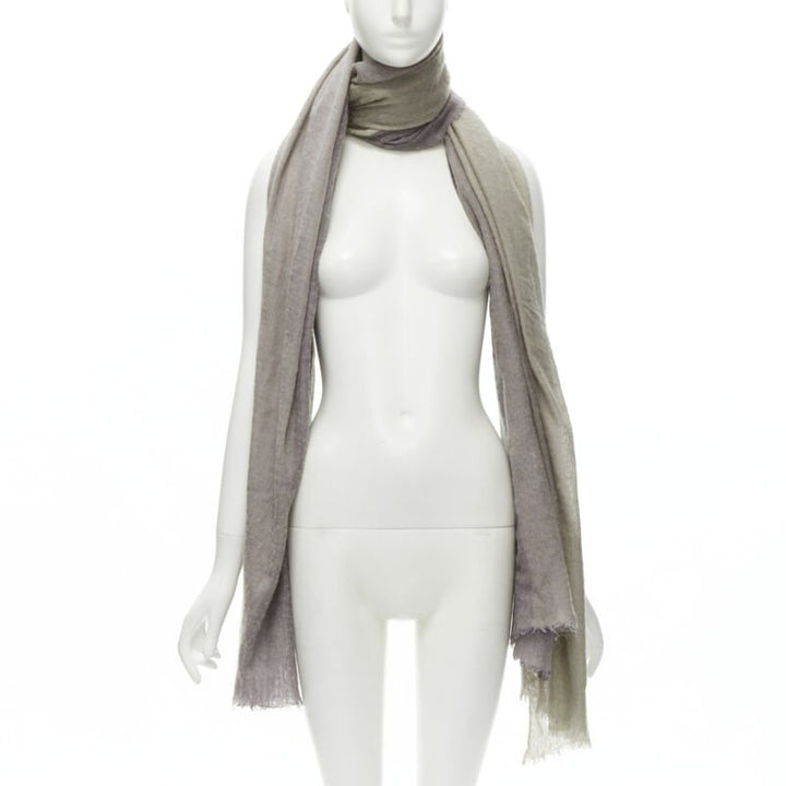 HERMES cashmere silk blend grey beige 4-tone colorblock frayed oversized scarf