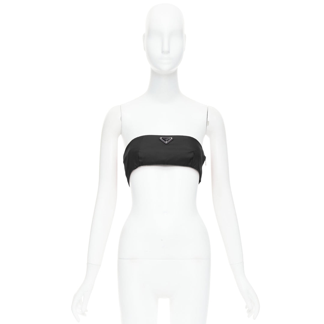 PRADA Re-Nylon black triangle logo plate strapless bustier tube top IT42 M