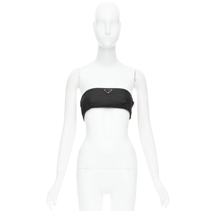 PRADA Re-Nylon black triangle logo plate strapless bustier tube top IT42 M