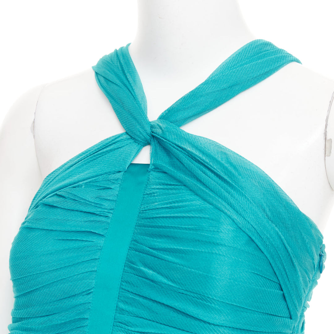 BURBERRY teal blue silk pleated satin front halter mini dress
