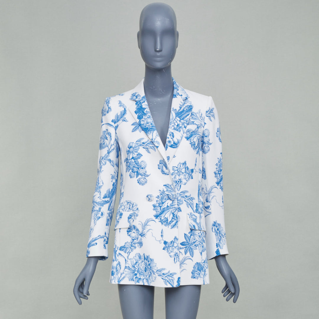 OSCAR DE LA RENTA R19 ivory blue floral toile silk blend blazer jacket US0 XS