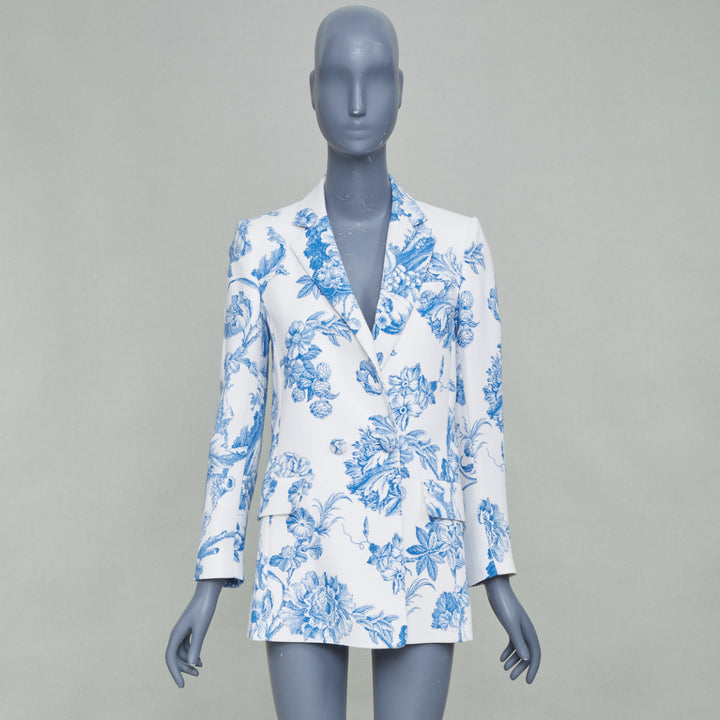 OSCAR DE LA RENTA R19 ivory blue floral toile silk blend blazer jacket US0 XS