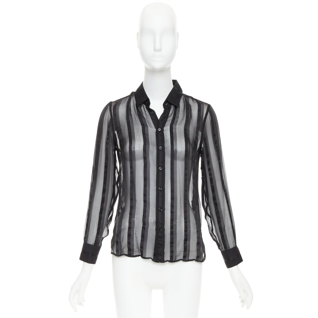 SAINT LAURENT 2013 black 100% silk vertical stripes sheer collared shirt FR36 S
