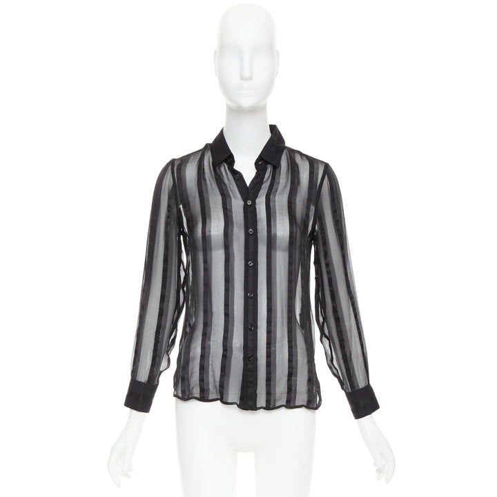 SAINT LAURENT 2013 black 100% silk vertical stripes sheer collared shirt FR36 S