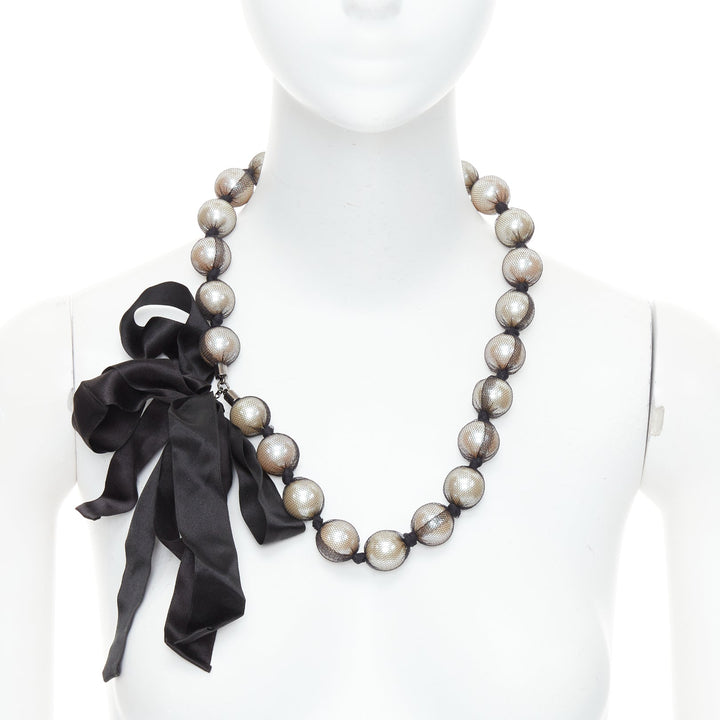 LANVIN black wrapped large faux pearl double ribbon tie princess necklace