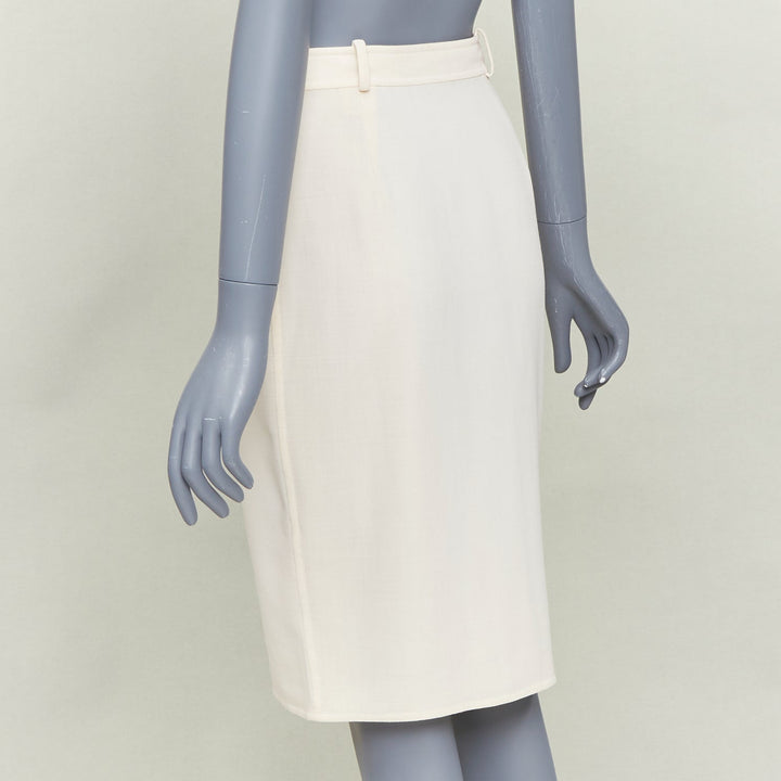 HERMES beige virgin wool blend button front high waisted pencil skirt FR34 XS