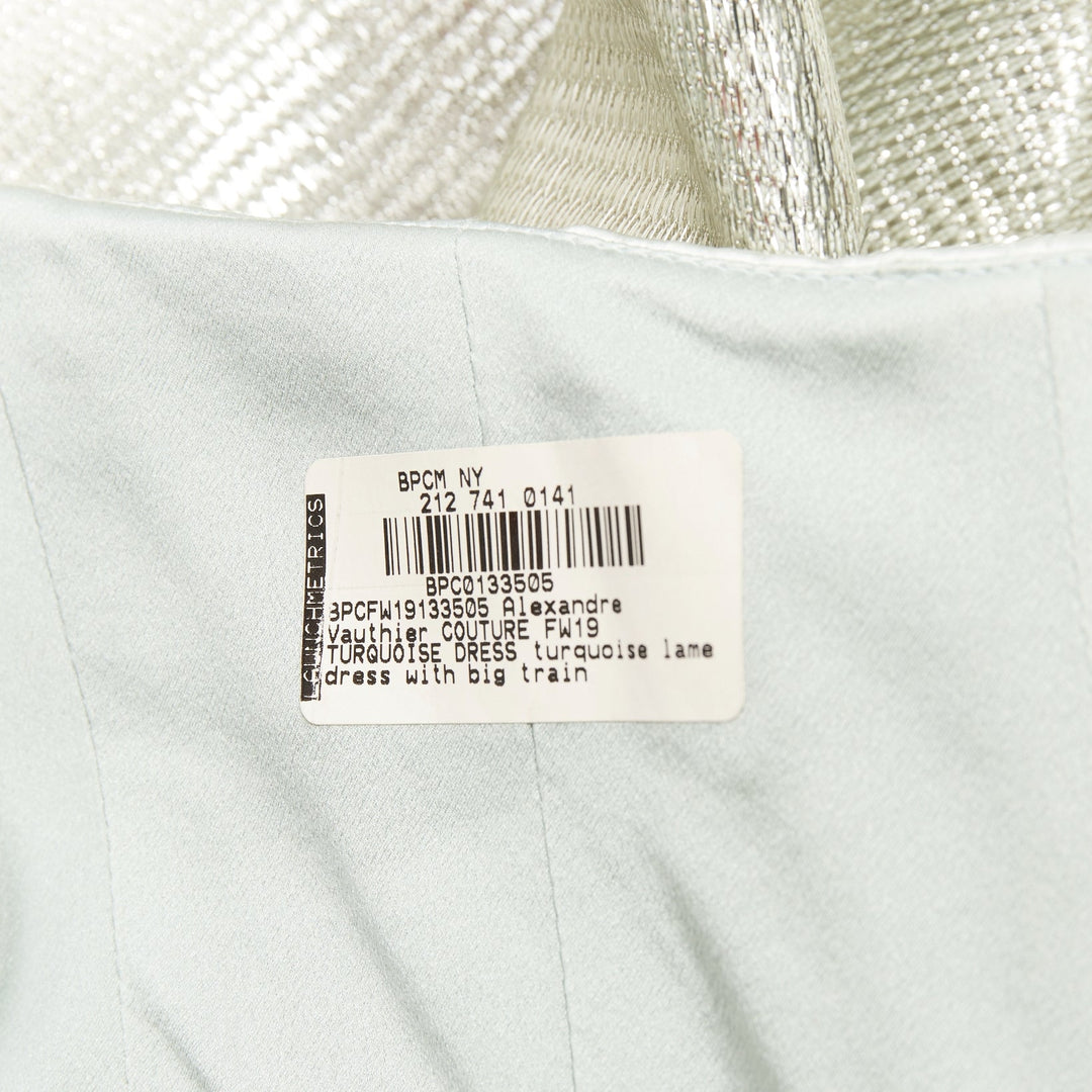 rare ALEXANDRE VAUTHIER COUTURE AW2019 Runway turquoise lame drape shoulder gown