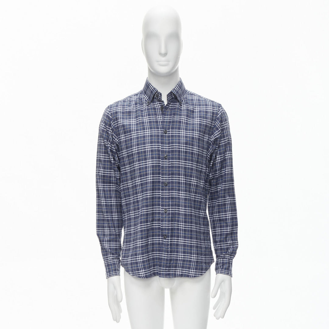 ERMENEGILDO ZEGNA SPORT cotton blue grey white check slim fit shirt M
