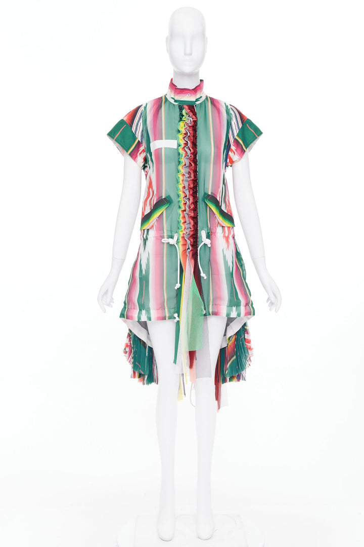 SACAI 2017 Runway stripes ruffled front cap sleeve hi low jacket dress JP1 S