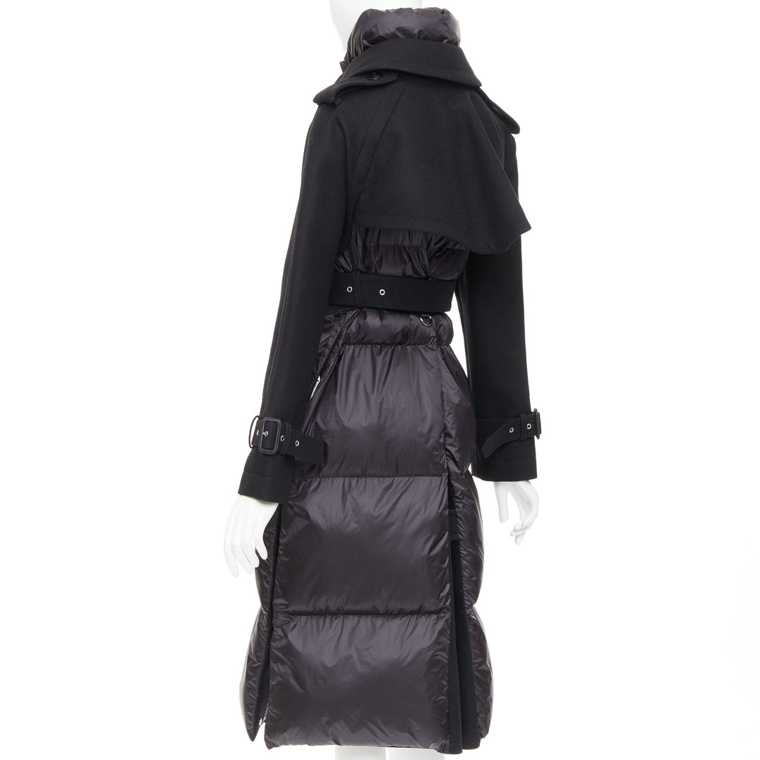 SACAI 2022 Hybrid black melton wool leather trim padded puffer trench coat JP1 S