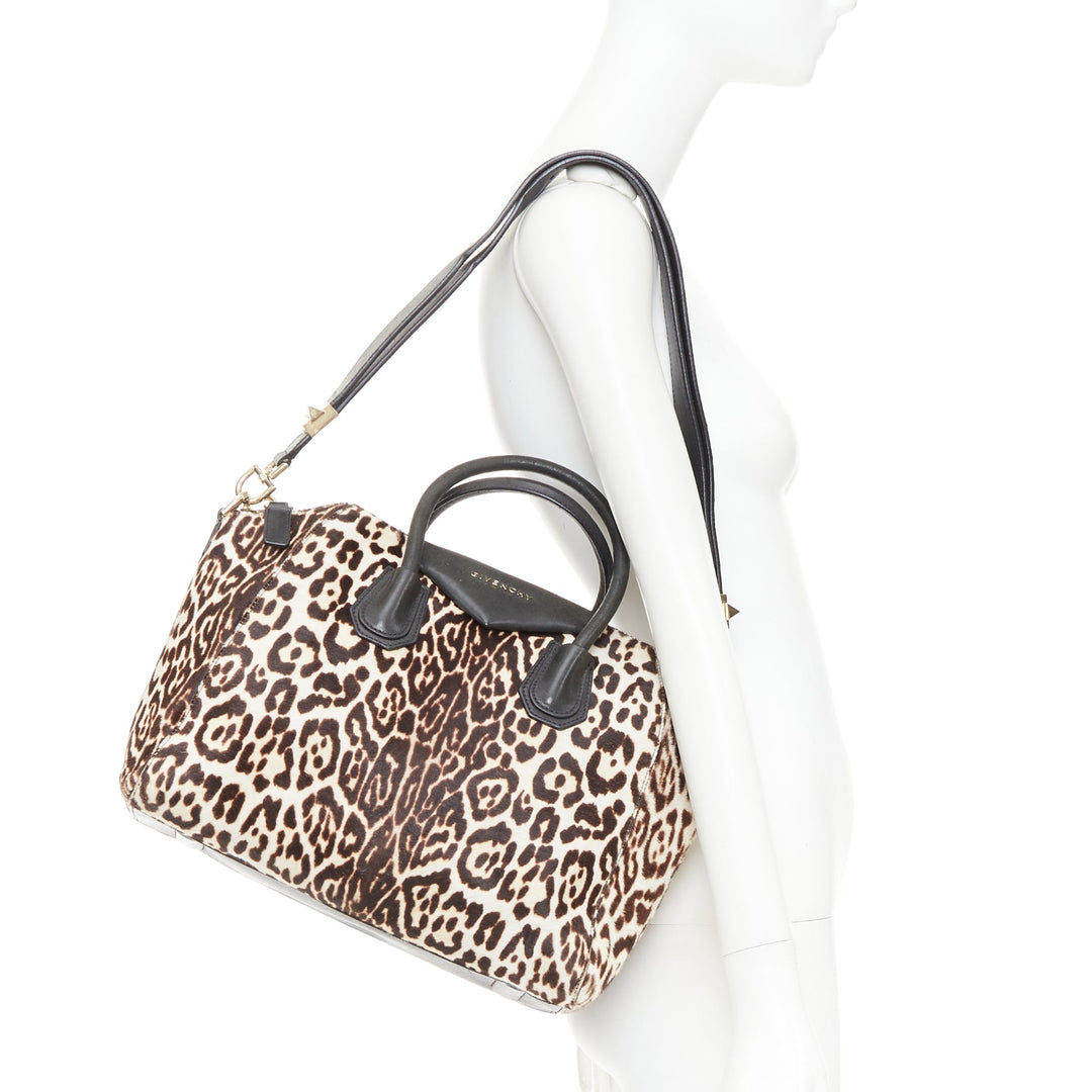 GIVENCHY Antigona brown leopard print calf skin silver logo top handle bag