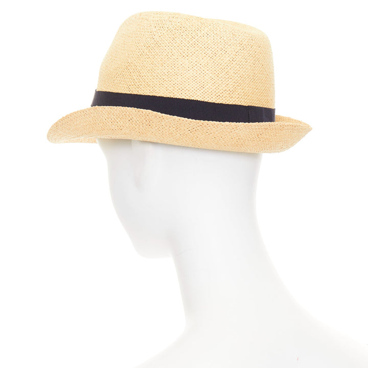 CHANEL beige raffia curled brim navy ribbon CC logo trilby hat M