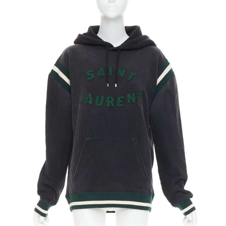 SAINT LAURENT 2022 grey washed cotton green alpaca logo patch varsity hoodie XS