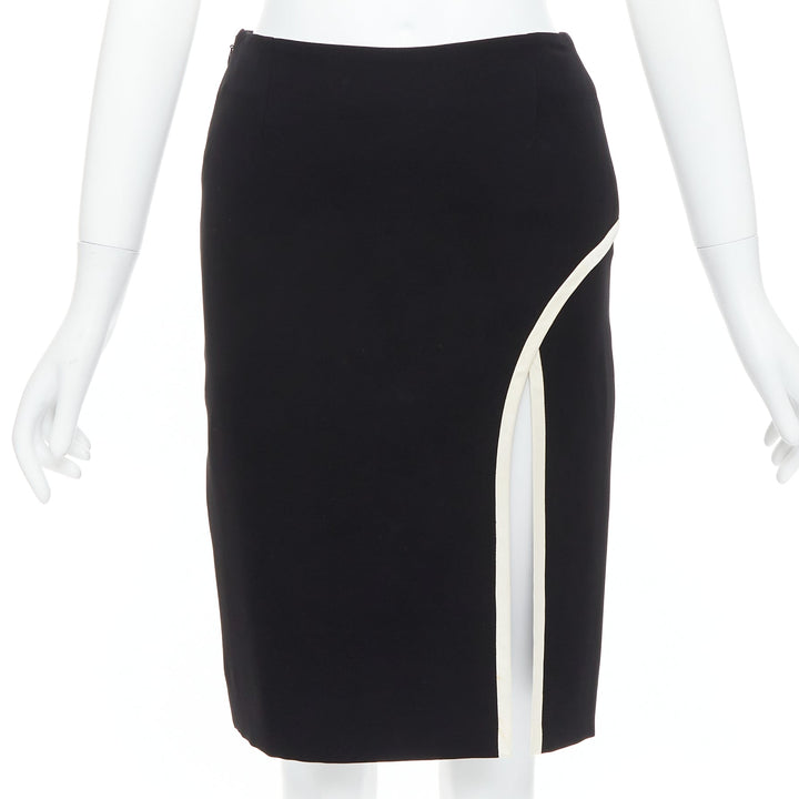 LANVIN 2017 Cady black cream trim front slit high waist pencil skirt FR34 XS