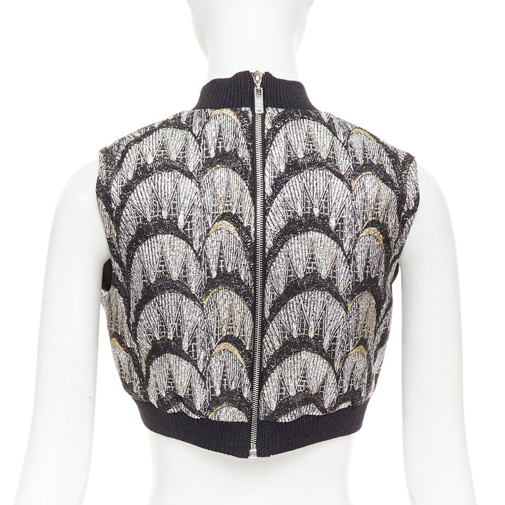 LOUIS VUITTON 2024 Jacquard Crop silver black metallic arch embroidered top FR38