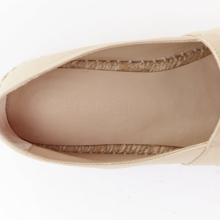 CHANEL nude black leather CC logo jute midsole espadrilles EU37