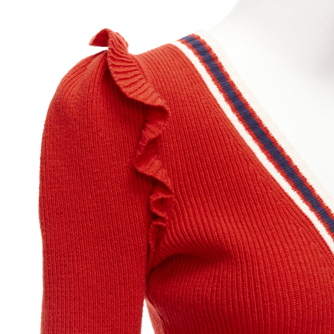 GUCCI 100% wool red navy ruffle trim ribbed hem cropped cardigan XS