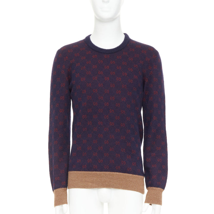 GUCCI GG Jacquard purple red wool alpaca monogram knit sweater