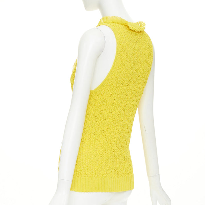 CHANEL 2025 marigold yellow openwork ruffle trim cotton vest cardigan FR34 XXS