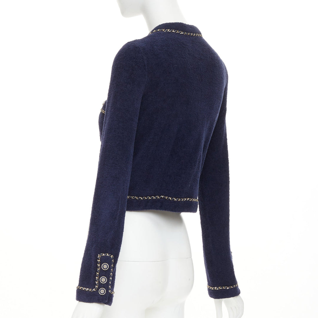 CHANEL 2020 navy cotton terry leather chain trim crop cardigan jacket FR34 XXS