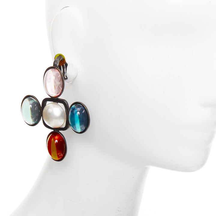 rare SAINT LAURENT Runway Resin Cabochon Cross aged bronze clip earrings Pair