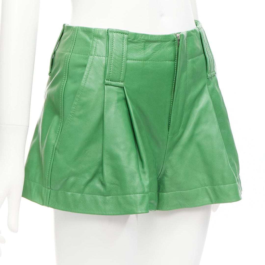 GANNI green lambskin leather high waist flared shorts FR32 XXS