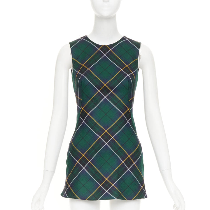 ALEXANDER MCQUEEN 2024 navy green yellow tartan wool sleeveless dress IT36 XXS