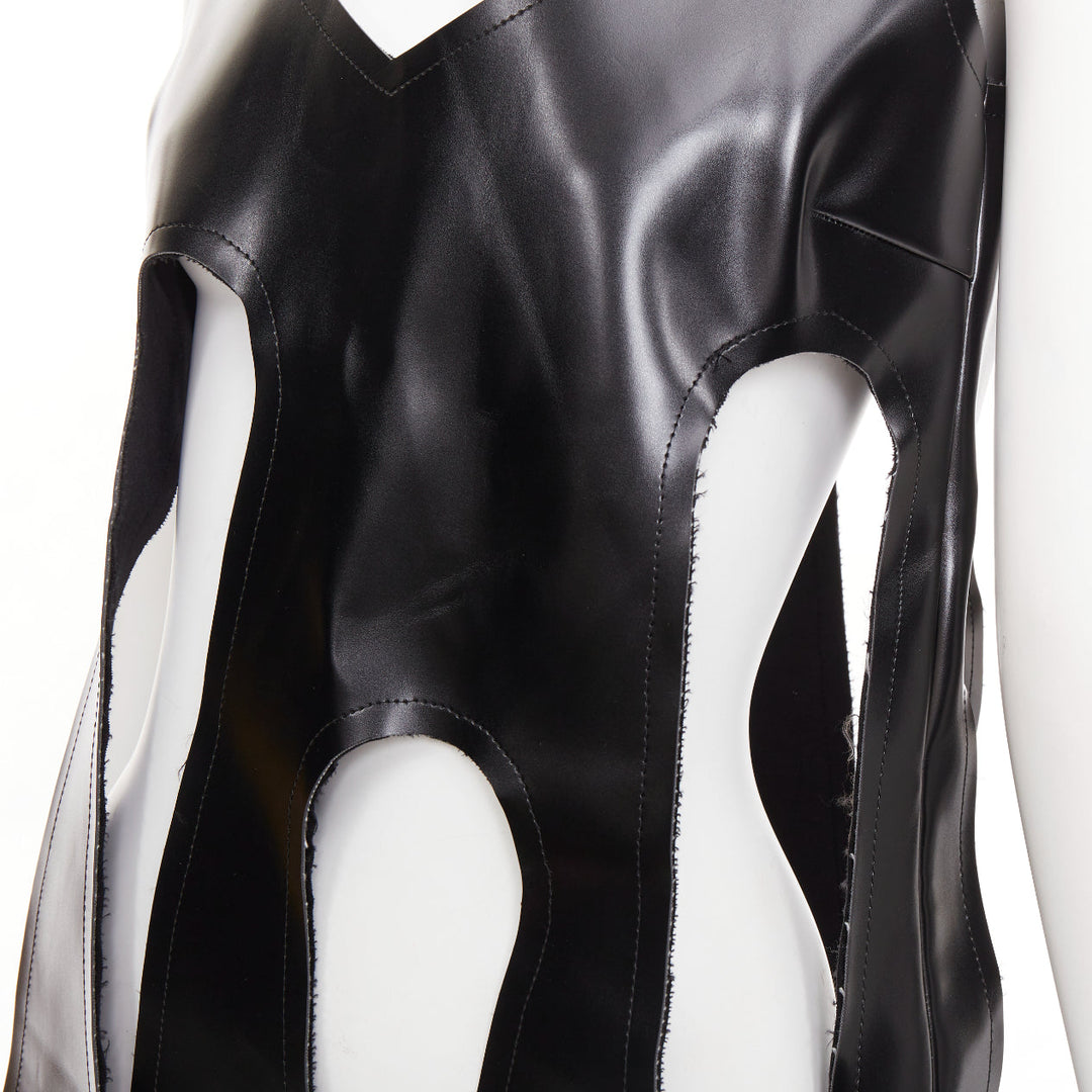 rare COMME DES GARCONS 2019 Runway black PU V neck cut out fringe top S