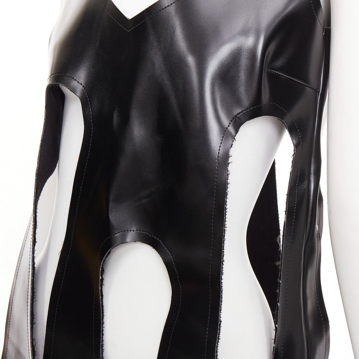rare COMME DES GARCONS 2019 Runway black PU V neck cut out fringe top S
