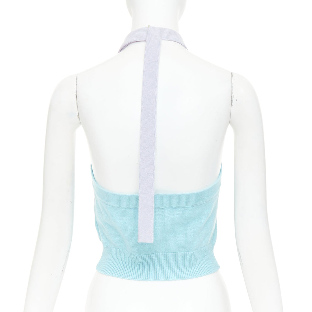 CHANEL 23P Runway blue purple CC buton cashmere buckle halter top FR34 XS