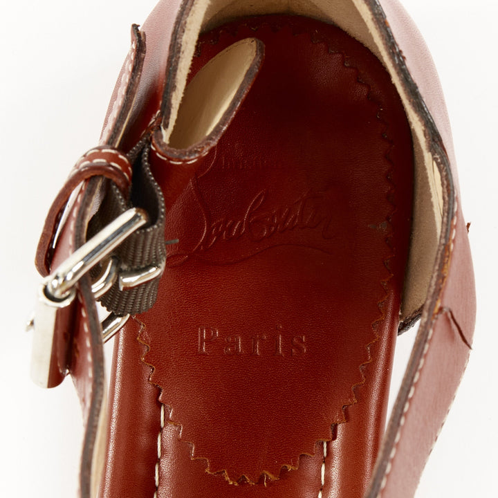 CHRISTIAN LOUBOUTIN brown leather tstrap silver buckles thong sandals EU37