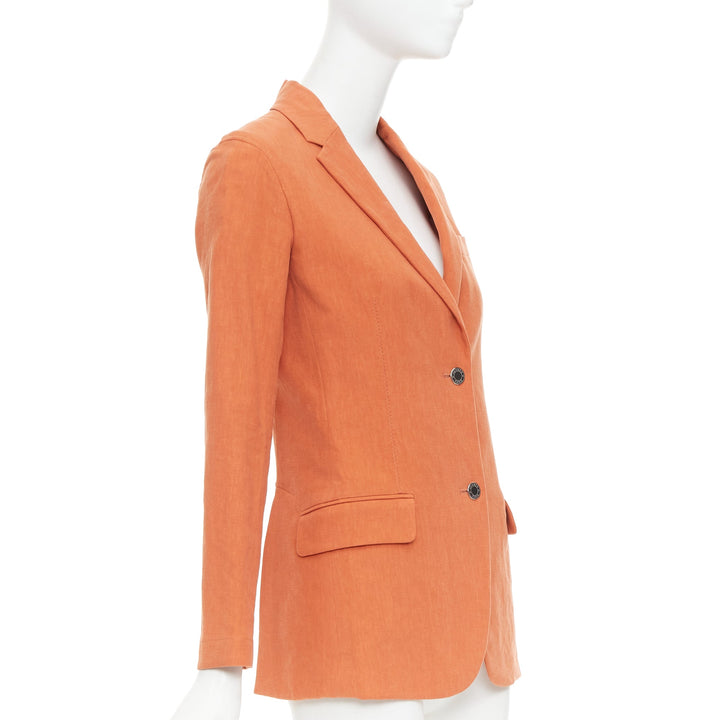 HERMES orange 100% linen logo buttons dual button blazer jacket FR34 XS