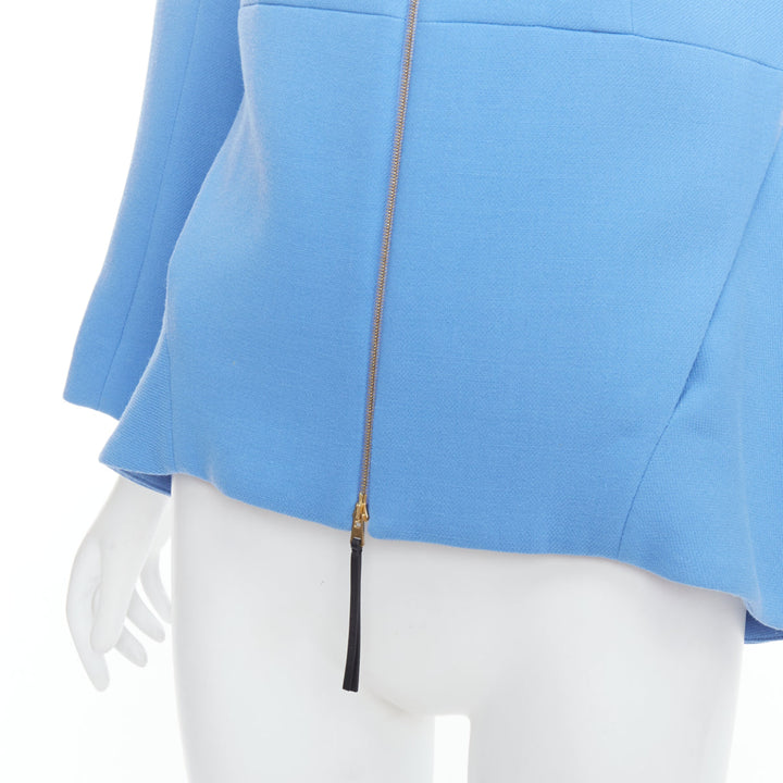 MARNI sky blue virgin wool zip front peplum crew neck coat IT40 S