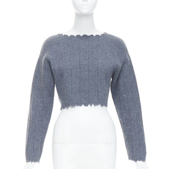 ALEXANDER WANG T 100% merino wool grey distressed edge cropped sweater XS