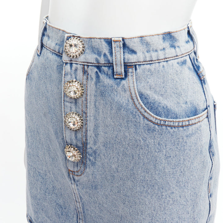 ALESSANDRA RICH blue washed denim clear crystal embellished mini skirt 26‚Äù