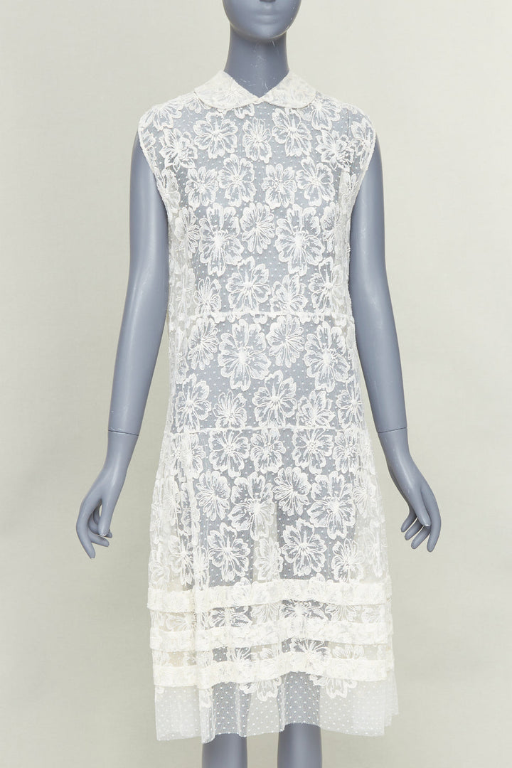 MIU MIU Vintage cream white floral lace polka dot mesh sheer midi dress IT40 S