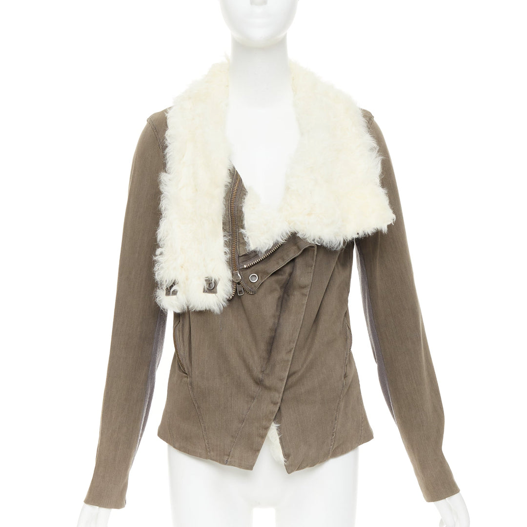 HELMUT LANG cream lambskin fur collar brown cotton blend flare jacket M