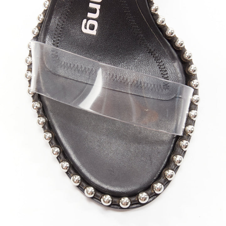 ALEXANDER WANG Nova 105 silver studded black logo slingback heels EU35
