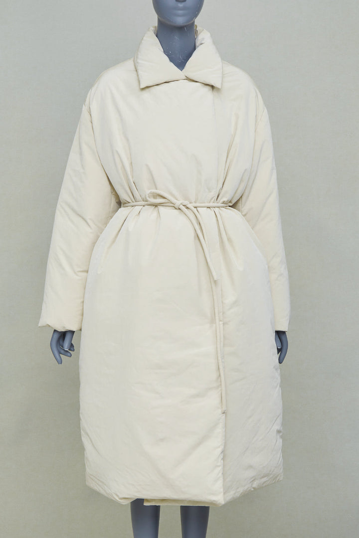 AMOMENTO ivory polyester quilted drawstring waist long padded outerwear coat OS