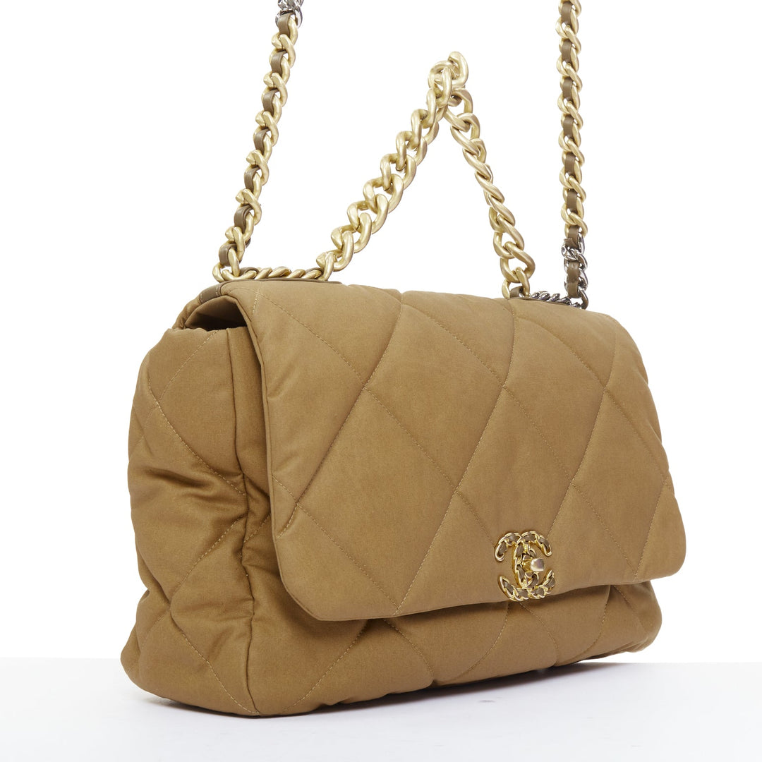 CHANEL 19 Large Flap Bag camel brown quilted canvas chain shoulder bag