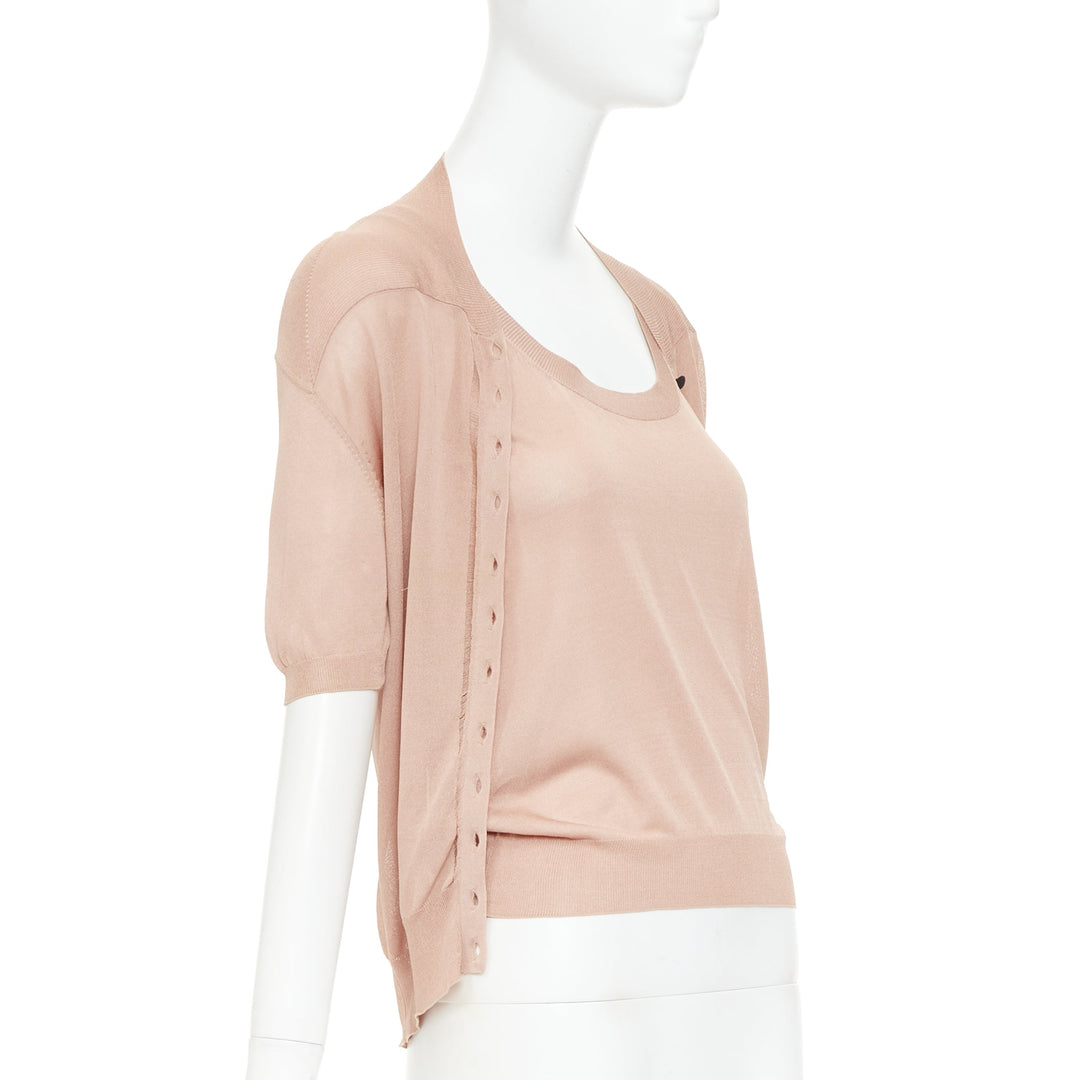 NINA RICCI beige pink 100% silk black button scoop neck cardigan vest set S