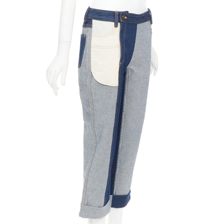 MONSE dark light blue reversed deconstructed patchwork flare cropped jeans US2 S
