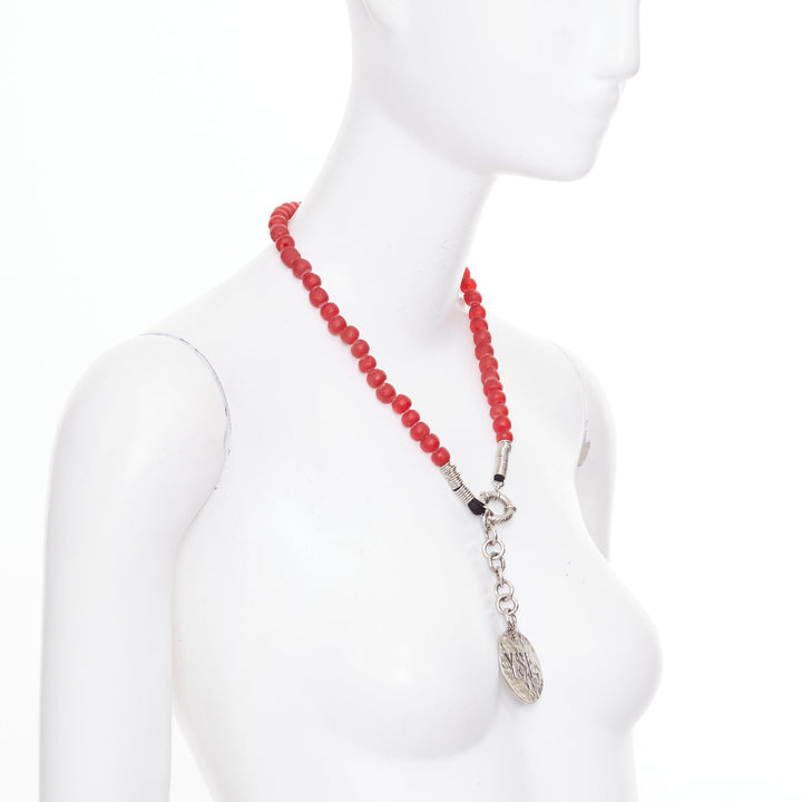 rare  YVES SAINT LAURENT 1980s Vintage red glass bead logo medallion necklace
