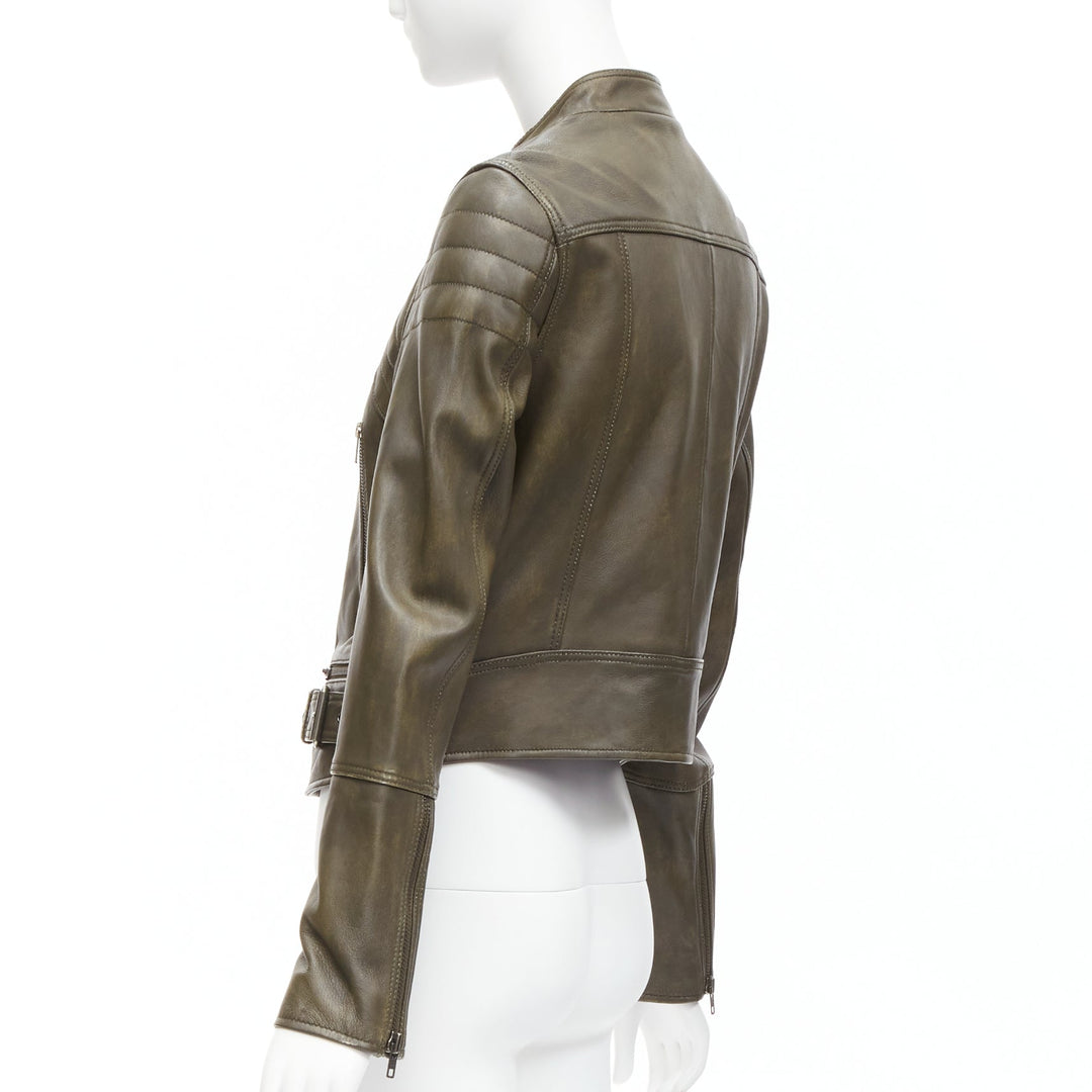 FREE PEOPLE Fenix olive brown washed lambskin leather zip biker jacket XS