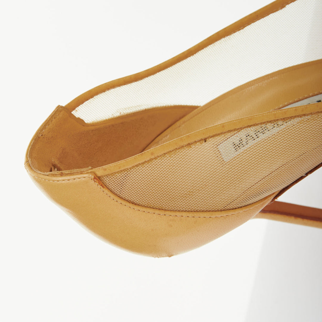 MANOLO BLAHNIK Belta sheer mesh nude beige leather cap toe stiletto pumps EU37.5