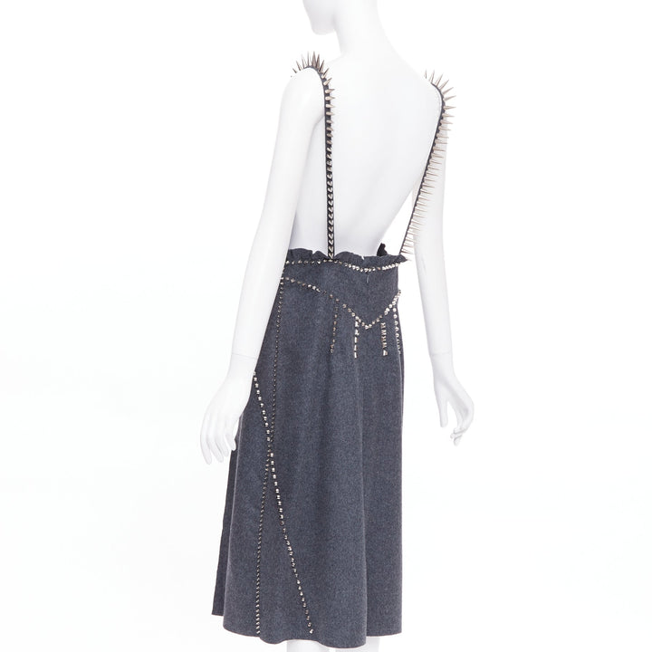 rare MIU MIU 2021 Runway grey wool crystal spikes stud punk slip dress IT38 XS