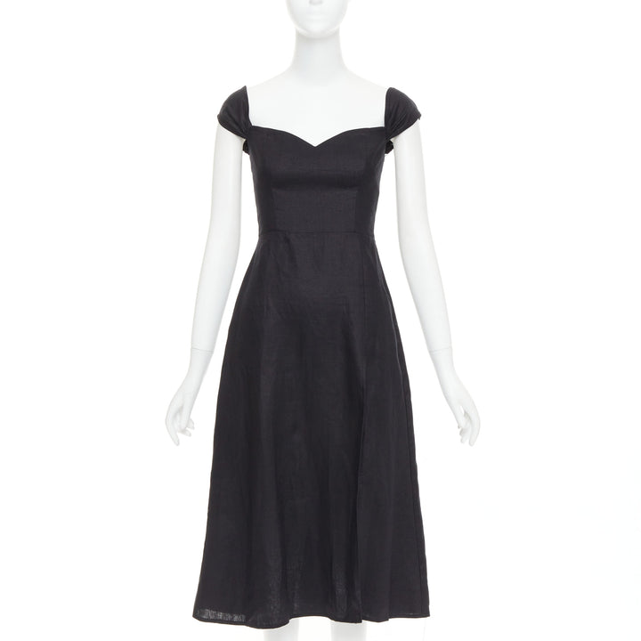 REFORMATION Bridgton black 100% linen cap sleeves sweetheart midi dress US2 S
