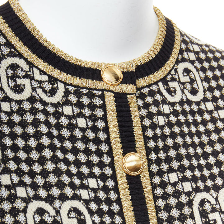 GUCCI gold lurex wool blend monogram jacquard preppy cardigan S