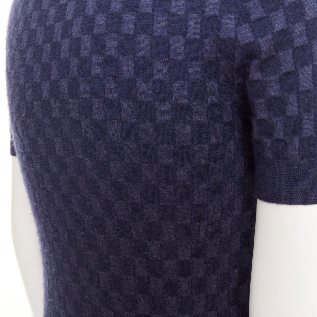 LOUIS VUITTON navy cashmere silk Damier checked knit polo shirt S